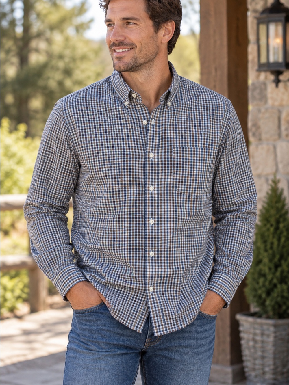 J. Crew Mens L Button Down Shirt Blue Brown Check Long Sleeve Casual Cotton Top